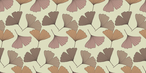 Delicate vector seamless pattern with beige, brown and pink ginkgo biloba leaves on a light background for textiles, wrapping paper, covers, decor