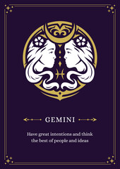Gemini zodiac symbol horoscope astrology description purple vintage poster design template vector