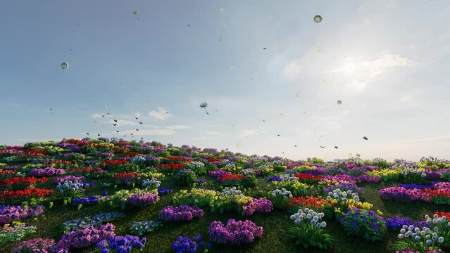 4k footage of spring flower fields with flying butterflies and dandelions with a bright sunny sky. 3d render.
