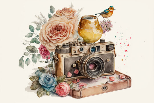 Retro camera in flowers and plants. Hand-drawn photo camera. Can be used as a print, logo, for cards, and for wedding invitations.Generative Ai