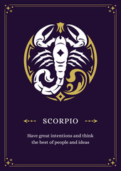Scorpio zodiac horoscope symbol astrology purple vintage poster description design template vector