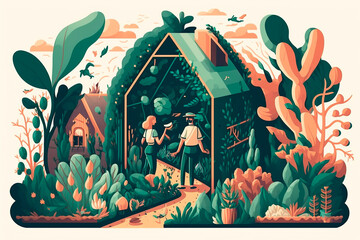 Garden, flowers and plants at home and outdoor. drawn illustrations of plants in pots, people in garden beds, patterns and background for posters or cards. Generative AI.