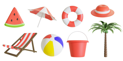 3d render Summer and beach set with transparent background