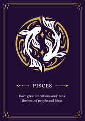 Pisces zodiac astrology horoscope lunar calendar description vintage poster design template vector