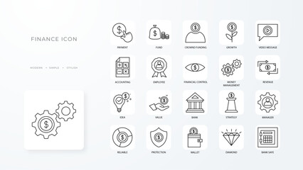 Finance icons collection with black outline style. finance, banking, coin, currency, dollar, graph, growth. Vector Illustration