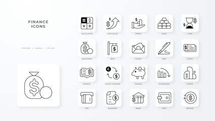 Finance icons collection with black outline style. finance, banking, coin, currency, dollar, graph, growth. Vector Illustration