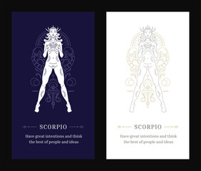 Scorpio zodiac mythology woman astrological symbol line art deco poster design template set vector