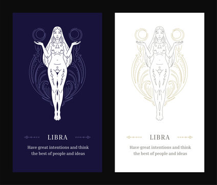 Libra zodiac antique woman goddess mythology line art deco poster design template set vector