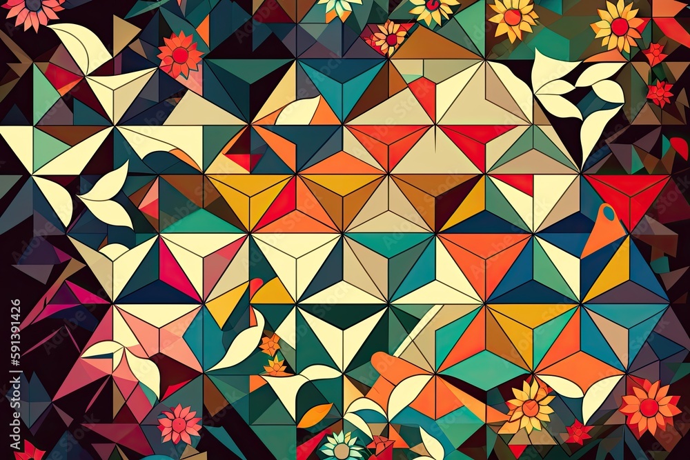 Poster an abstract painting with vibrant colors and various shapes. generative ai