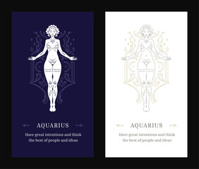 Fototapeta na wymiar Aquarius horoscope antique woman goddess zodiac line art deco poster design template set vector