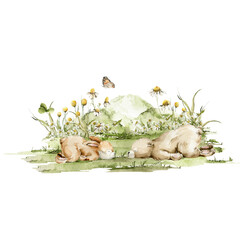 Watercolor nursery woodland set with character. Hand painted cute baby animals in wild, forest summer scene, landscape, sleeping bear, bunny, rabbit. Illustration for baby shower design, wall art