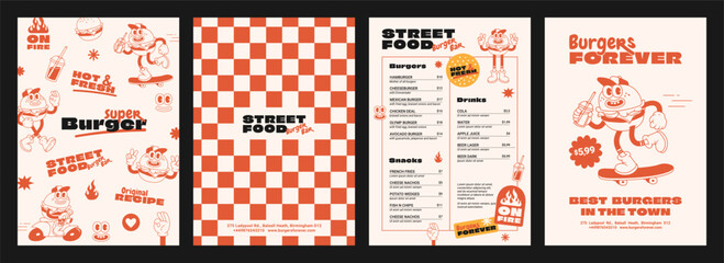Burger retro cartoon fast food posters and cards. Comic character slogan quote and other elements for burger bar cafe restaurant. Menu, invitation, stories template. Groovy funky vector illustration. - obrazy, fototapety, plakaty