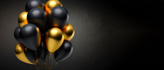 Bunch of black and golden balloons on dark background. Party decoration. Generative AI