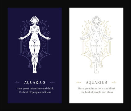 Aquarius horoscope antique woman goddess zodiac line art deco poster design template set vector