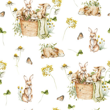 Fototapeta Watercolor nursery seamless pattern. Hand painted sleeping baby bear with green leaves, spring wildflowers, birds isolated on white background. Iillustration for design, print, background