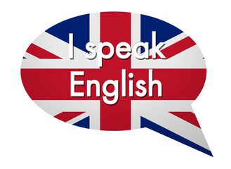 The word I Speak English on cloud speech bubble with uk flag, isolated icon