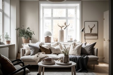 Fototapeta premium Modern home interior, living room Generative AI 