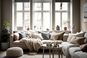 Fototapeta premium Modern home interior, living room Generative AI