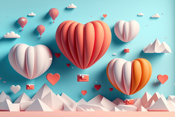 Hot air balloon over the mountains, papercraft art or origami style for baby nursery, children design. Generative ai.