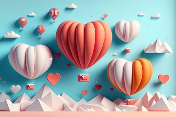 Papier Peint photo Montgolfière Hot air balloon over the mountains, papercraft art or origami style for baby nursery, children design. Generative ai.