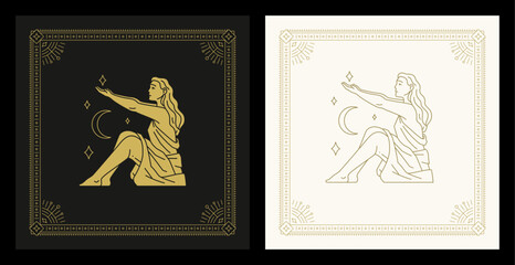 Fototapeta na wymiar Virgo zodiac astrology symbol woman crescent stars line art deco vintage card set vector