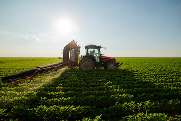 Fototapeta premium Spraying pesticides at soy bean fields