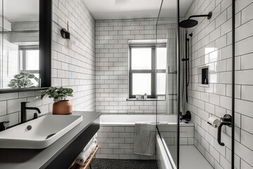  a bathroom with a sink, mirror, and bathtub with a plant in the corner of the room and a window above the tub.  generative ai