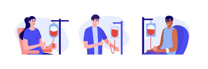 Set of cartoon characters of smiling people donating blood in hospital. Process of dealing with blood or plasma donation in modern clinic. Charity and healthcare. Vector