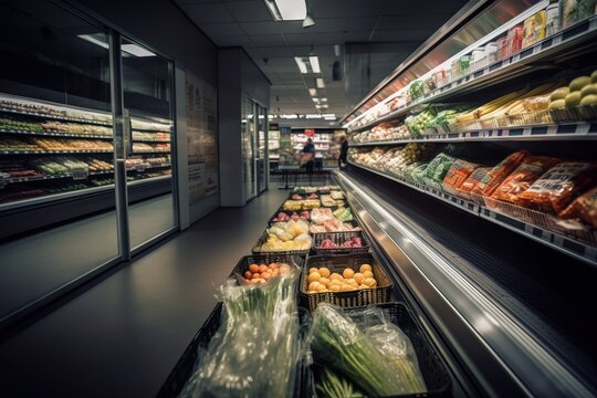  a produce section of a grocery store with produce in baskets on the shelves and on the shelves of the shelves are fruits and vegetables and vegetables.  generative ai