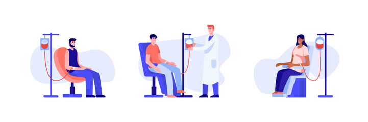 Set of colored cartoon characters donating their blood in hospital. Social active youth. Volunteering organization members. Lifesaving impact of blood. Vector