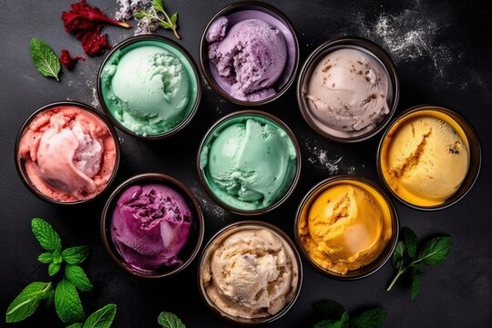  six different colored ice creams in bowls with mint leaves on a black background with space for text or image stock photo - 122999999999999.  generative ai