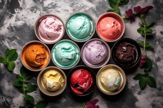  a group of bowls filled with different colored ice creams on a gray surface next to flowers and green leafy stems on a gray surface.  generative ai