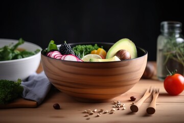  a wooden bowl filled with assorted fruits and vegetables next to a glass of water and a wooden spoon with a black dot on it.  generative ai