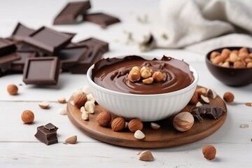  a bowl of chocolate with nuts and nuts on a plate next to a bowl of chocolate and nuts on a wooden board with a white background.  generative ai