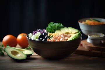  a bowl of food with avocado, tomatoes, and other vegetables on a table next to a cutting board with a knife and a bowl of food.  generative ai