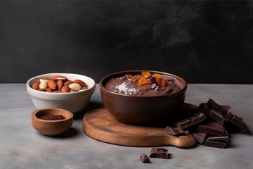 a bowl of chocolate pudding next to a bowl of nuts and a bowl of chocolate on a cutting board with a spoon and bowl of nuts.  generative ai