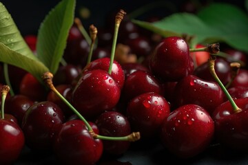  a bunch of cherries with water droplets on them and green leaves on the side of the picture, on a black surface, with a dark background.  generative ai