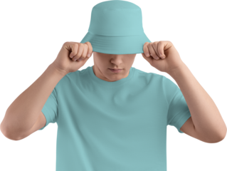 Mockup green hat on guy, png, panama front view