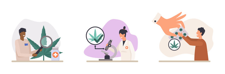 Set of colored cartoon characters growing cannabis for medical use. Supporting legality of cannabis. Marijuana product cultivation. Socially progressive world. Vector