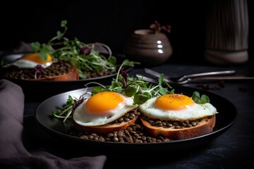 Fototapeta na wymiar two eggs are on top of a toasted sandwich on a bed of lentils and sprouts on a black plate with a fork. generative ai