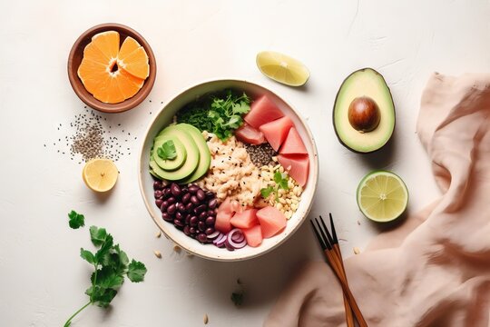  a bowl of food with avocado, rice, beans, tomatoes, and avocados on a white surface with a fork.  generative ai