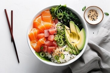  a bowl of sushi with chopsticks and a bowl of rice with a side of vegetables and avocado on the side.  generative ai