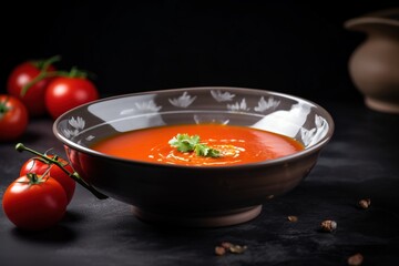  a bowl of tomato soup with a spoon and tomatoes in front of it on a black background with a spoon and a bowl of tomatoes.  generative ai