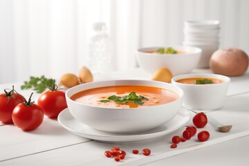  a bowl of tomato soup on a white table with tomatoes and other food items around it, including eggs, tomatoes, and parsley.  generative ai
