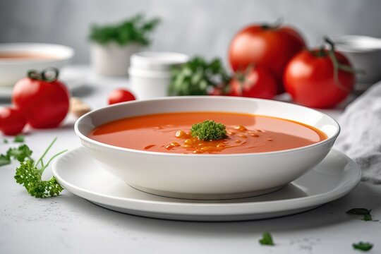  a bowl of tomato soup on a plate with tomatoes and parsley on the side of the bowl and a bowl of tomatoes in the background.  generative ai