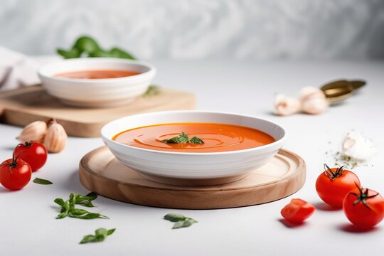  a bowl of tomato soup on a wooden board with tomatoes and garlic on the side of the bowl and garlic on the side of the bowl.  generative ai