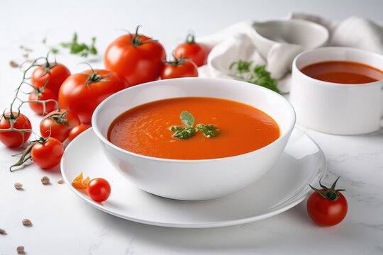  a bowl of tomato soup with a plate of tomatoes and a cup of soup on the side of the bowl and a napkin on the side.  generative ai