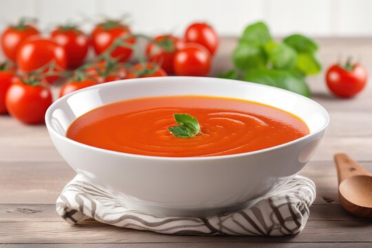  a bowl of tomato soup with a spoon on a table next to tomatoes and a cloth on a wooden tablecloth with a wooden spoon.  generative ai