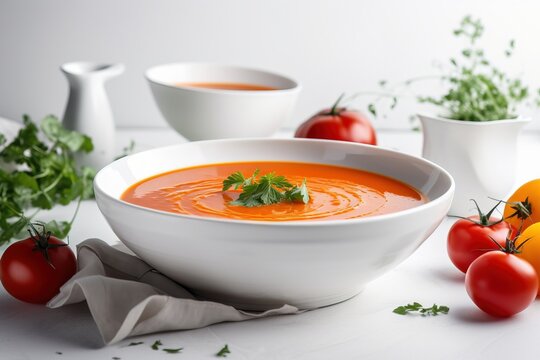  a white bowl of tomato soup with tomatoes and parsley on the side of the bowl and a bowl of tomatoes in the back ground.  generative ai