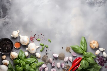 Obraz na płótnie Canvas a table topped with lots of different types of vegetables and spices on top of a gray table top with clouds in the sky behind it. generative ai